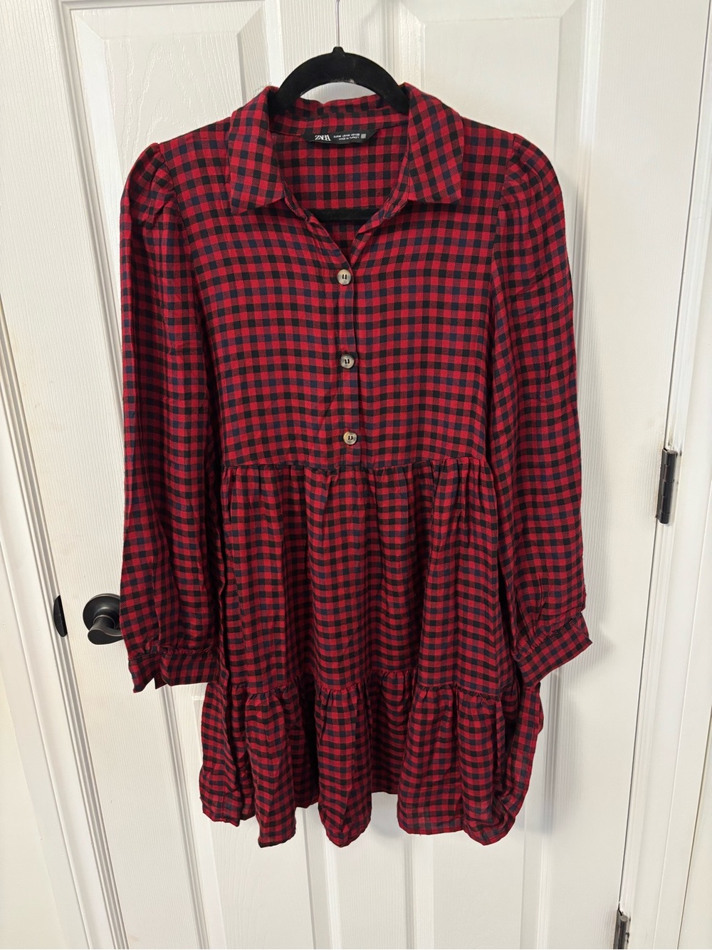 Zara Red and Black Plaid Tiered Long-Sleeve Shirt Dress